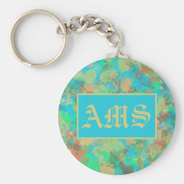 Grönt, gult och blå droppar, abstrakt nyckelring (Framsidan)