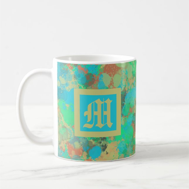 Grönt, gult och blådroppar abstrakt monogram kaffemugg (Vänster)