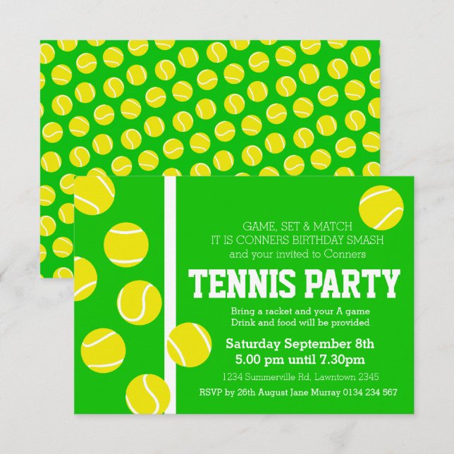 Grönt, gult och vit tennis födelsedagsfest inbjuda inbjudningar (Fram/baksida)