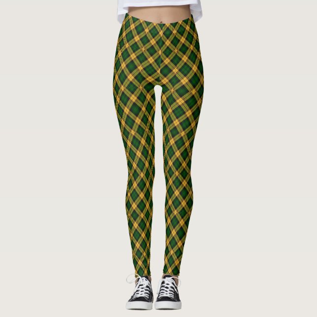 Grönt Gult Tartan Play Argyle Mönster Leggings (Framsida)