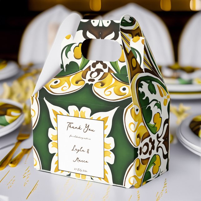 Grönt gult vintage Medelhavet bröllop Presentaskar (Green yellow vintage Mediterranean tile wedding favors personalized printed Favor Box)