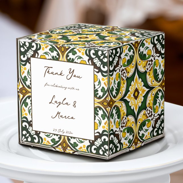 Grönt gult vintage Talavera tile bröllop Presentaskar (Green yellow vintage Mediterranean Talavera Azulejo tile personalized printed wedding Favor Boxes )