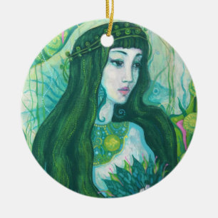 Grönt Hair-Sjöjungfru Undervatten Fantasy Surreal  Julgransprydnad Keramik