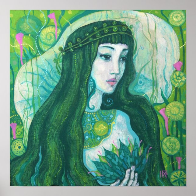 Grönt Hair-Sjöjungfru Undervatten Fantasy Surreal  Poster (Framsidan)