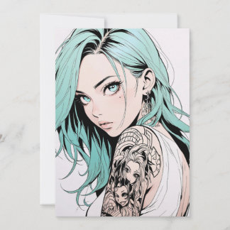 Grönt Hair Tatto Anime Girl Inbjudningar