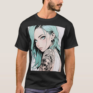 Grönt Hair Tatto Anime Girl T Shirt