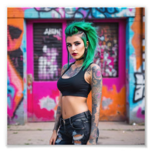 Grönt Hair Tattoo Punk Babe in Graffiti Street Fototryck