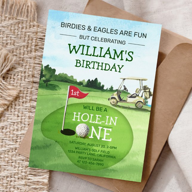 Grönt Hål-in-One Golf 1:a födelsedagspressen Inbjudningar (Skapare uppladdad)