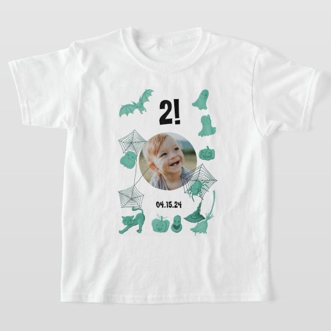 Grönt Halloween-anpassningsbar med foto, ålder och T Shirt (Laydown)