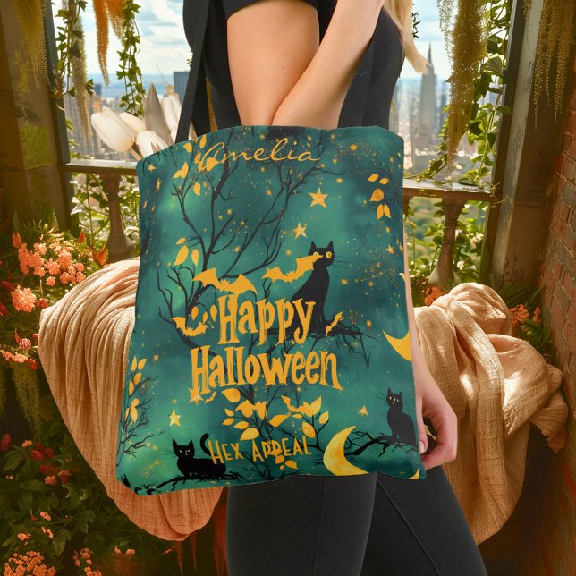 Grönt Halloween med svarta katter och krescerande  Tygkasse (Skapare uppladdad)