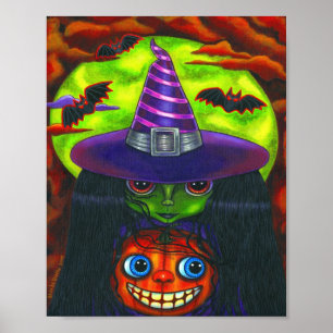 Grönt Halloween Pumpkin Witch Big Ögon Poster