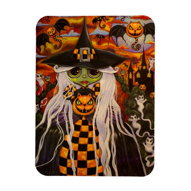 Grönt Halloween Witch Girl Cat Pumpkins, Spöken Magnet (Vertikal)
