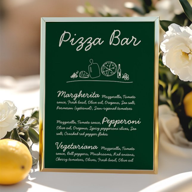 Grönt Hand-Drawn Pizza Pub Bröllop Tabletop-tecken Inbjudningar (Green Hand-Drawn Pizza Bar Wedding Tabletop Sign )