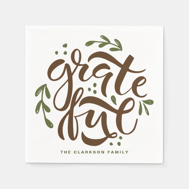 Grönt Hand Lettered Gratful Thanksgiving Pappersservett (Framsidan)
