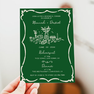 Grönt Hand plockade Modern Rehearsal Dinner Bord Inbjudningar