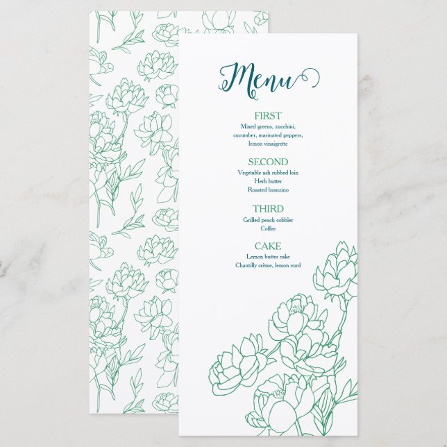 Grönt Hand plockade Peony Flowers Bröllop Meny (Fram/baksida)