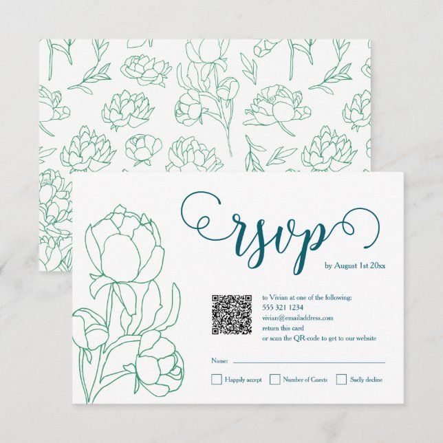 Grönt Hand plockade Peony Flowers Bröllop OSA Kort (Fram/baksida)