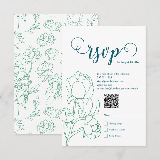 Grönt Hand plockade Peony Flowers Bröllop OSA Kort (Fram/baksida)