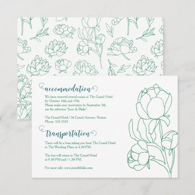 Grönt Hand plockade Peony Flowers Bröllop Tilläggskort (Fram/baksida)