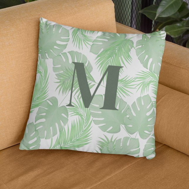 Grönt Handflatan Löv Anpassningsbar Monogram Kudde (palm leaves monogram pillow)