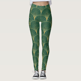 Grönt Handflatan Löv Art Deco Leggings