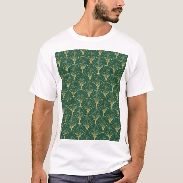 Grönt Handflatan Löv Art Deco T Shirt (Framsida)
