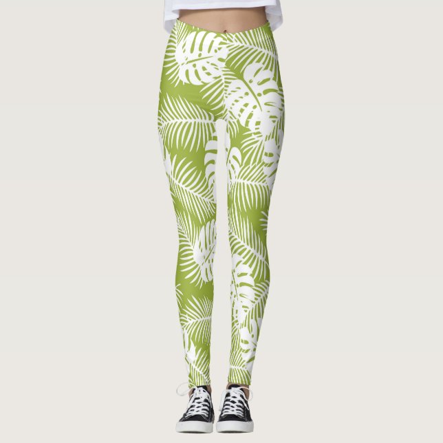Grönt Handflatan Löv Rainforest Mönster Leggings (Framsida)