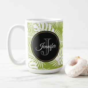 Grönt Handflatan Löv Rainforest Mönster Monogram Kaffemugg