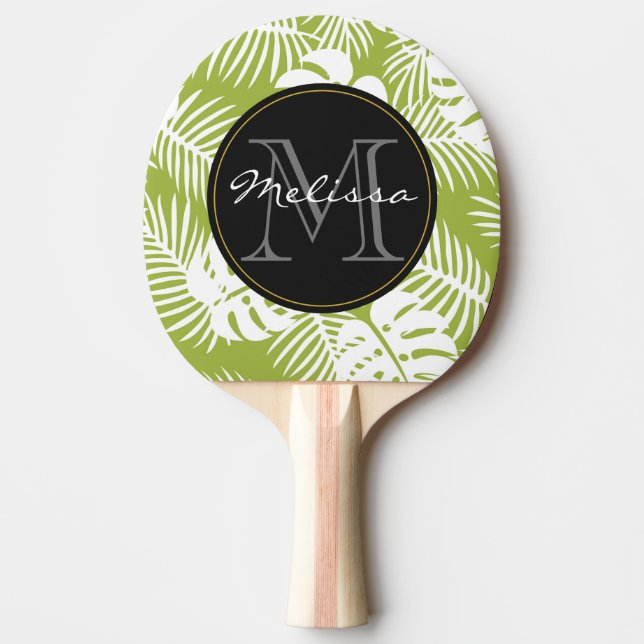 Grönt Handflatan Löv Rainforest Mönster Monogram Pingisracket (Framsidan)