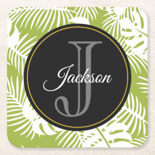 Grönt Handflatan Löv Rainforest Mönster Monogram Underlägg Papper Kvadrat