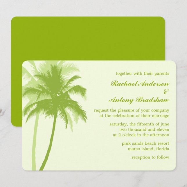 Grönt Handflatan Träd Tropical Beach Wedding Inbjudningar (Fram/baksida)