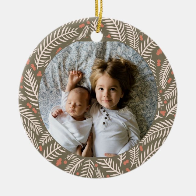 Grönt Handritad julfoto Gräs Träd Löv i Julgransprydnad Keramik (Framsidan)