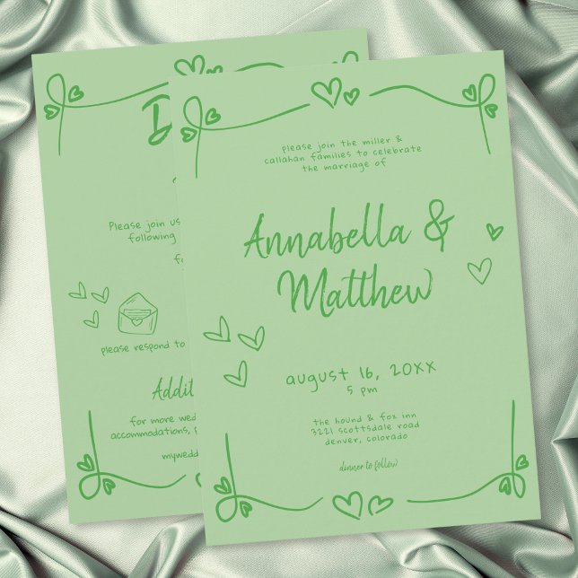 Grönt Handritat Hjärta Whimsical Modern Bröllop  Inbjudningar (Green Hand Drawn Heart Whimsical Modern Wedding Invitation)