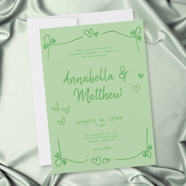 Grönt Handritat Hjärta Whimsical Modern Bröllop  Inbjudningar (Green Hand Drawn Heart Whimsical Modern Wedding Invitation)