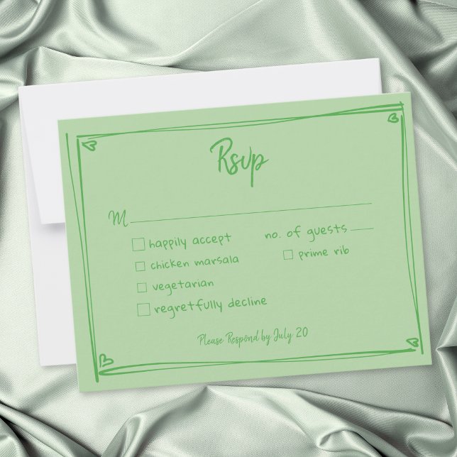Grönt Handritat Hjärta Whimsical Modern Bröllop  OSA Kort (Green Hand Drawn Heart Whimsical Modern Wedding RSVP Card)