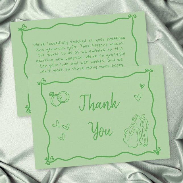 Grönt Handritat Hjärta Whimsical Modern Bröllop Tack Kort (Green Hand Drawn Heart Whimsical Modern Wedding Thank You Card)