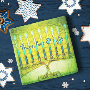 Grönt Hanukkah Menorah Peace Kärlek Light Script Underlägg Sten