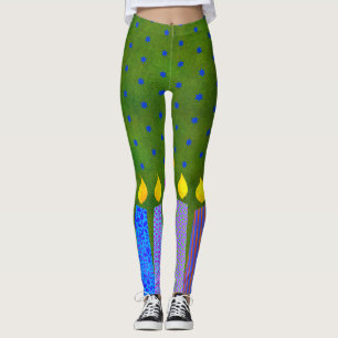 Grönt Hanukkah Mönster Candles Blue Star of David Leggings