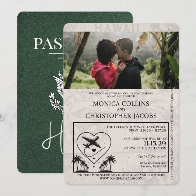 Grönt Hawaii Passport bröllop Inbjudningar (Fram/baksida)