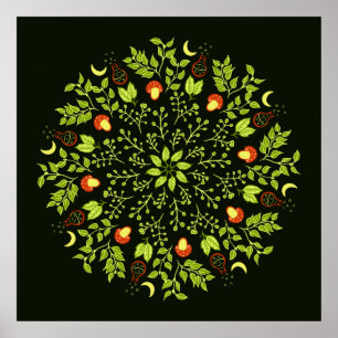 Grönt häxpoppssvamp lövs plantor mandala poster