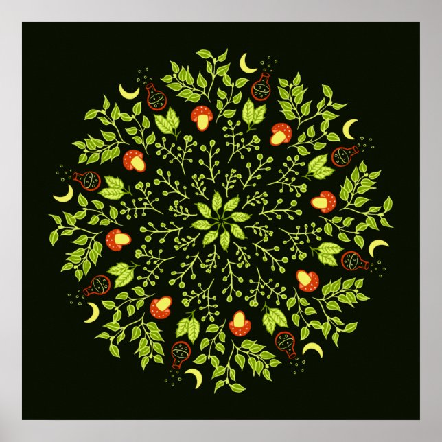 Grönt häxpoppssvamp lövs plantor mandala poster (Framsidan)