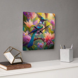 Grönt Headed Jay Fantasy Bird Fyrkantig Klocka