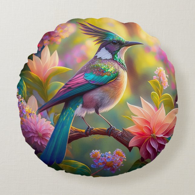 Grönt Headed Jay Fantasy Bird Rund Kudde (Framsidan)