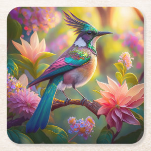 Grönt Headed Jay Fantasy Bird Underlägg Papper Kvadrat