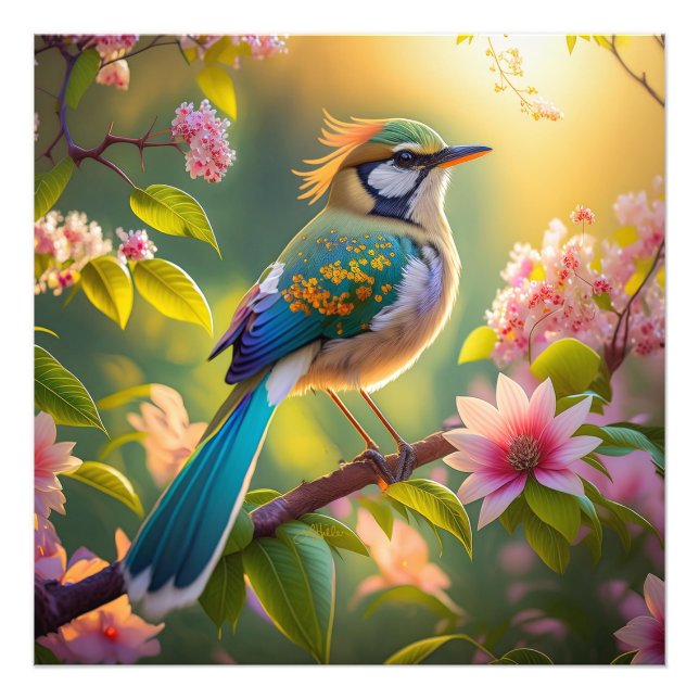 Grönt Headed Teal Winged Fantasy Bird Fototryck (Framsidan)