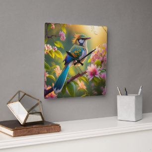 Grönt Headed Teal Winged Fantasy Bird Fyrkantig Klocka