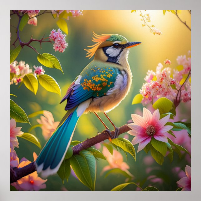 Grönt Headed Teal Winged Fantasy Bird Poster (Framsidan)