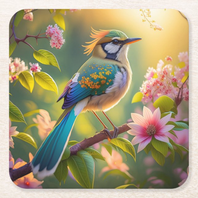 Grönt Headed Teal Winged Fantasy Bird Underlägg Papper Kvadrat (Framsidan)