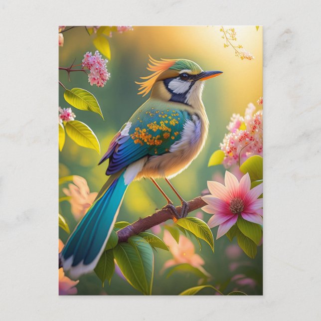 Grönt Headed Teal Winged Fantasy Bird Vykort (Framsida)