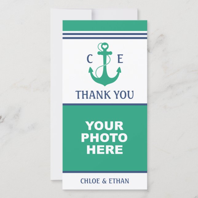 Grönt Heart Anchor Monogram Photo Tack Kort (Framsida)
